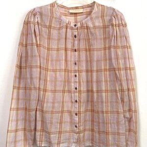 Ulla Johnson Nour Puff Sleeve Blouse 10 Lilac Orange Plaid Cotton Shirt Thin Top